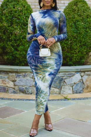 Tie-dye O Neck Long Sleeve Dresses